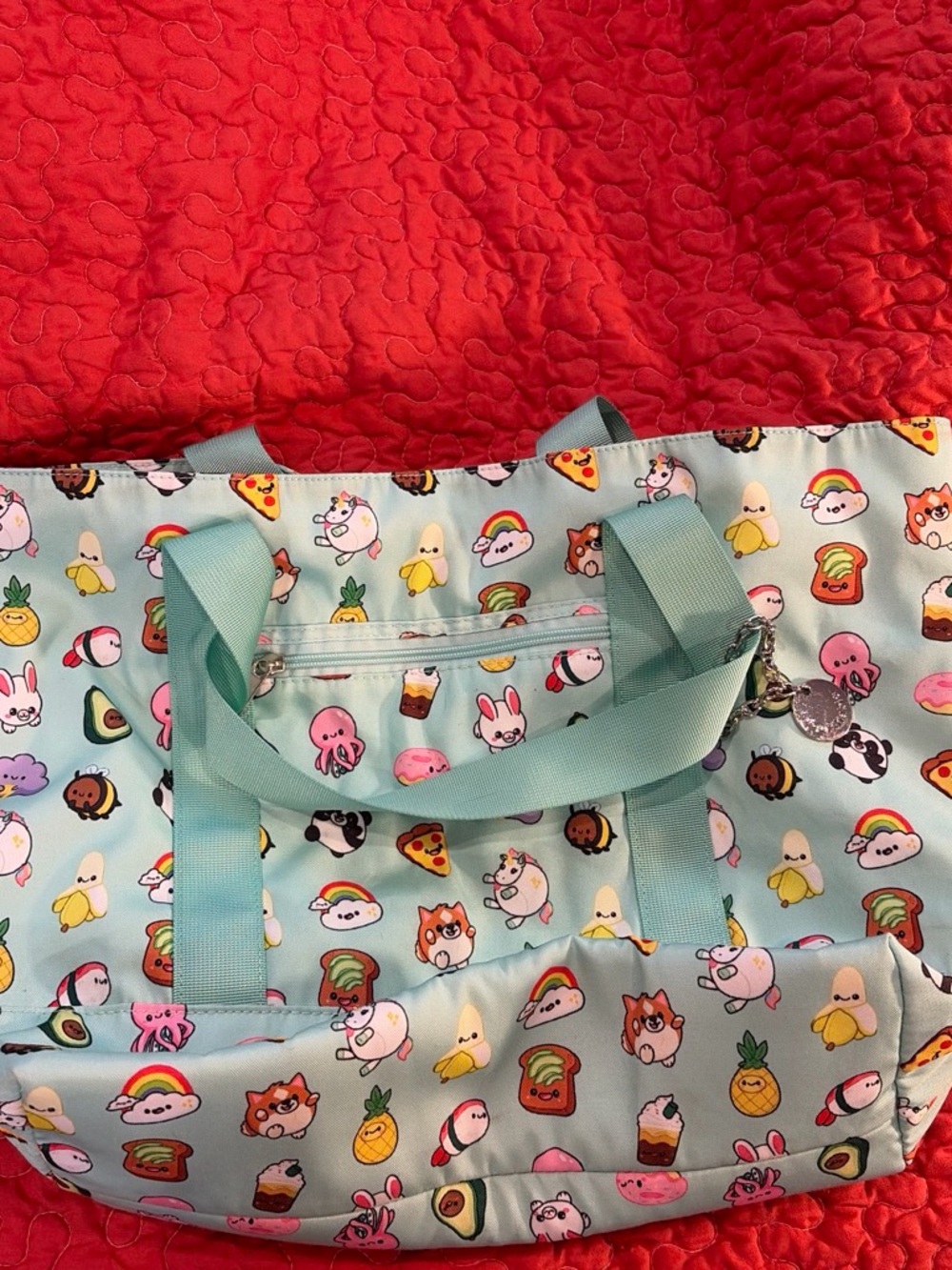 Cute Mint Tote Bag with Kawaii Character Print